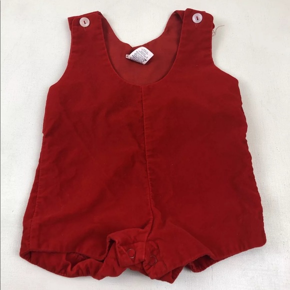 Vtg 60's 70s‎  Infant Red Velvet Overall Romper Size 12M BX62 - Picture 1 of 4